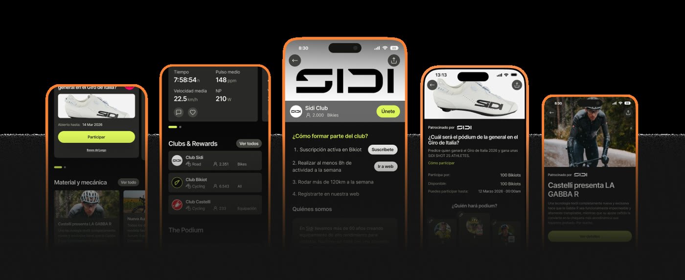 Club Bikiot, activity stats, rewards, and brand challenge screens