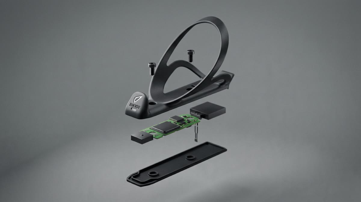Bikiot IoT tag, exploded render showing bottle-cage mount, PCB, and enclosure