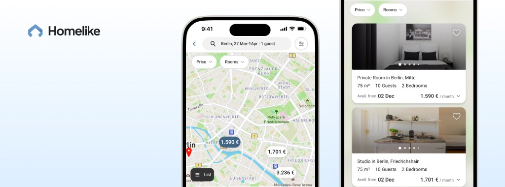 Homelike app — Berlin map search with price pins and listing cards