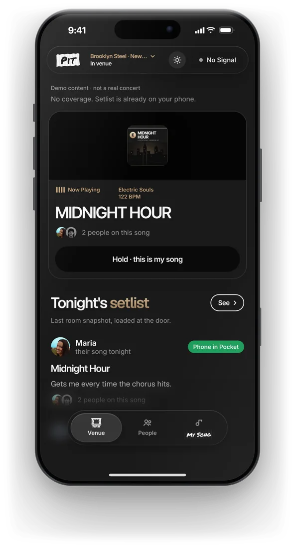 Venue screen: Midnight Hour playing now, with Hold, this is my song