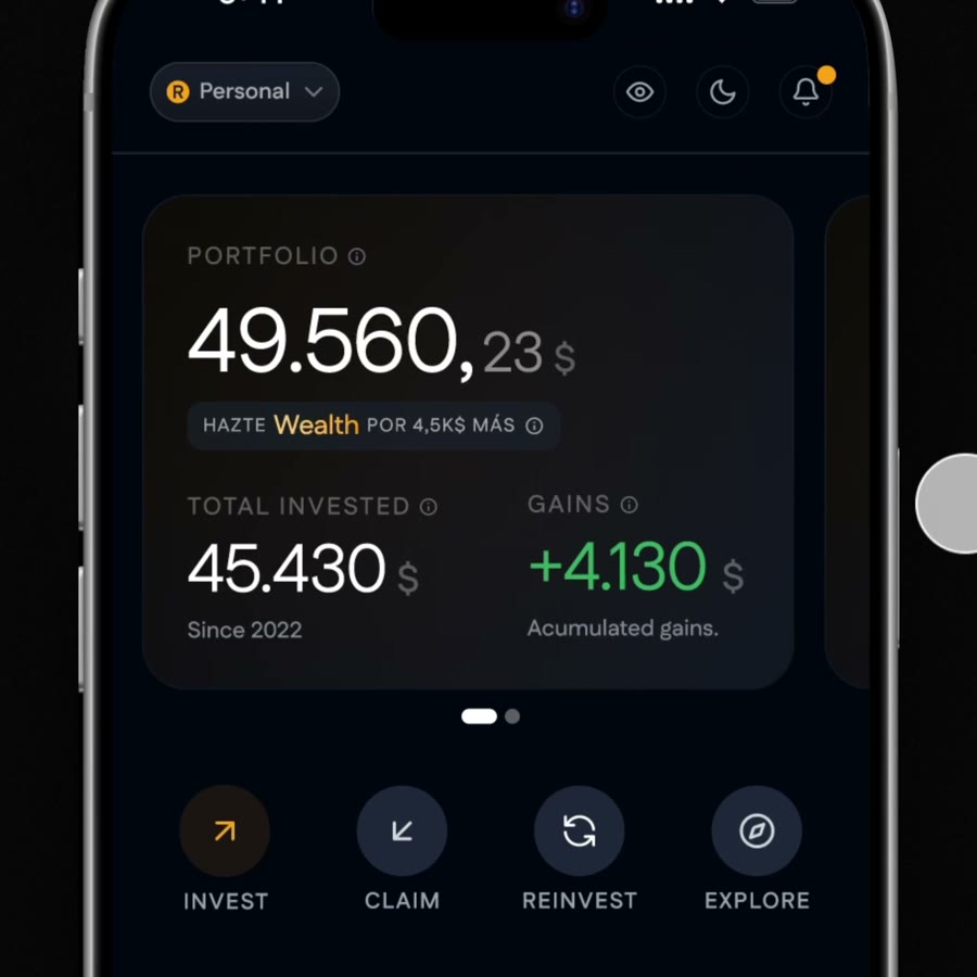 Reental app, portfolio dashboard showing total balance, invested amount, and gains