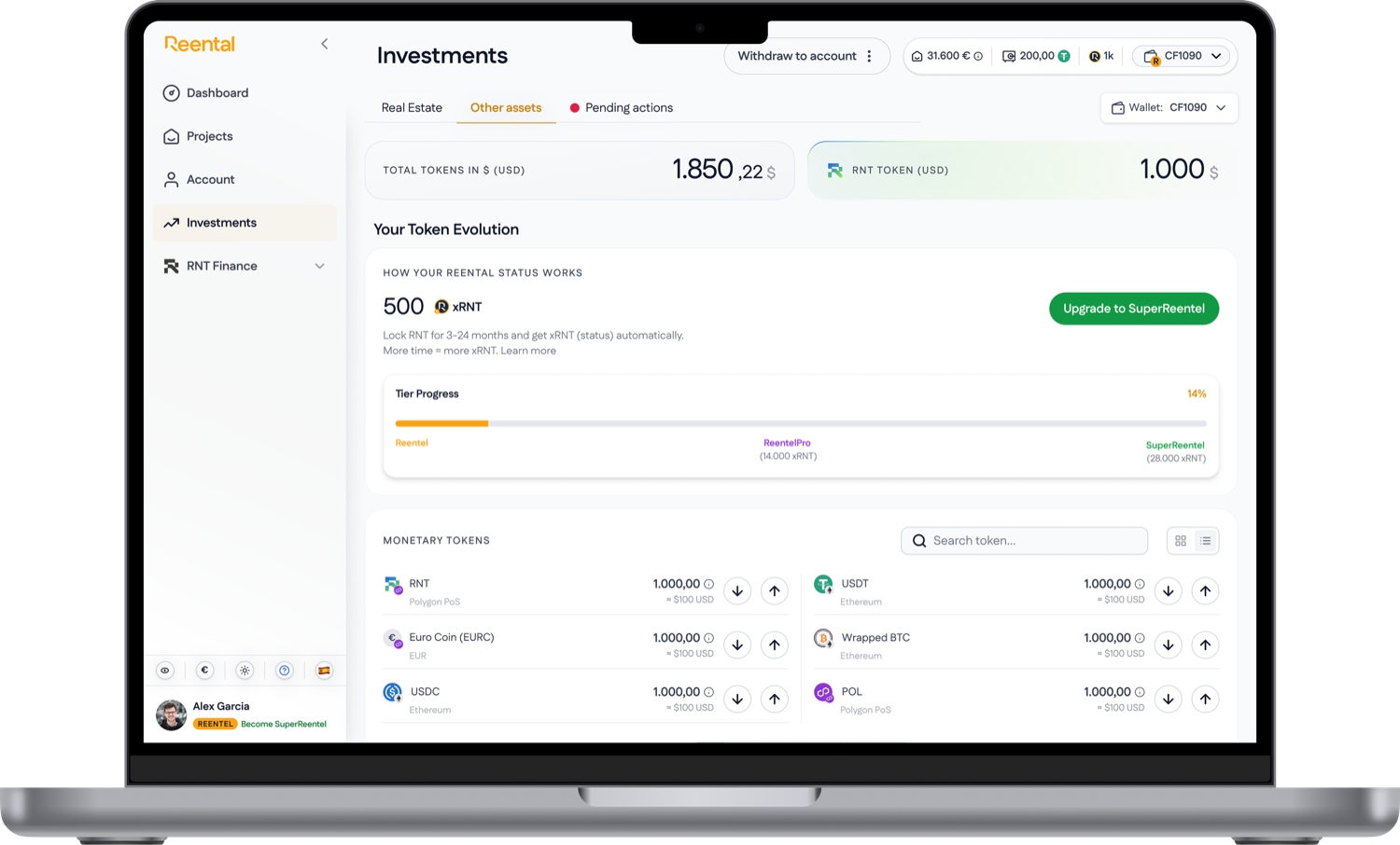 Reental web app on a MacBook, Investments screen with Real Estate and Other assets tabs, total token value, tier progress toward ReentelPro and SuperReentel, and a monetary token list with deposit and withdraw actions