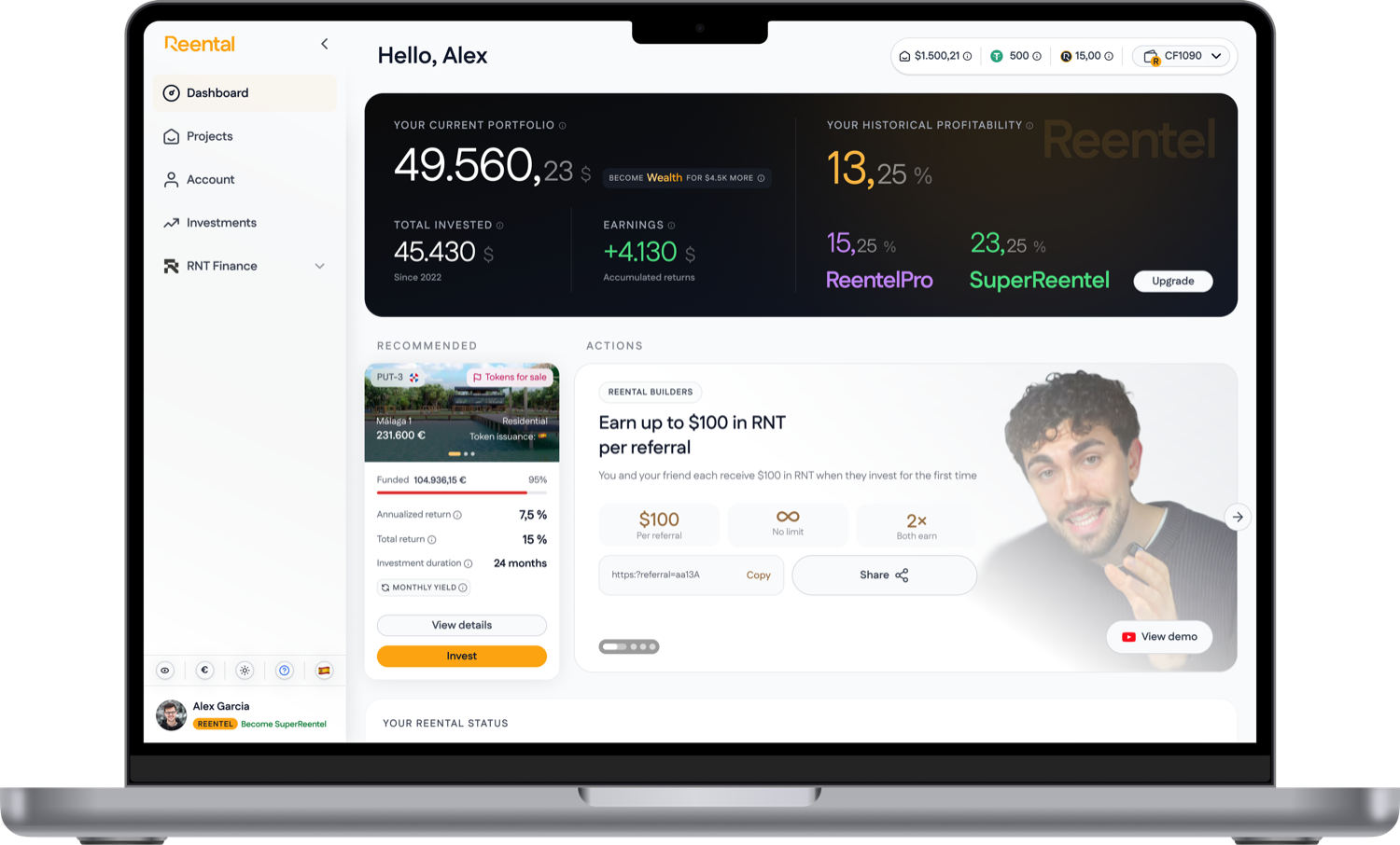 Reental web app on a MacBook, dashboard with sidebar navigation, current portfolio, total invested, earnings, historical profitability, membership tiers, and a recommended property alongside the actions panel