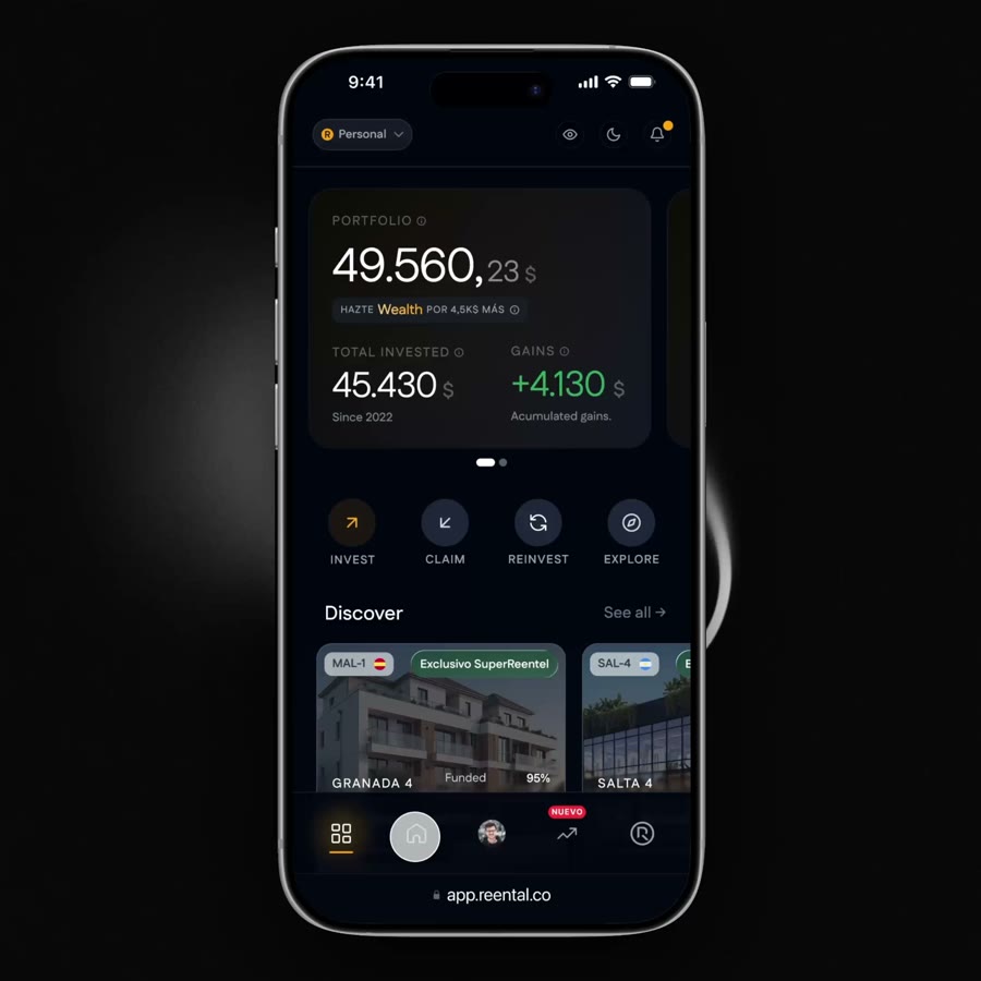 Reental app, Discover marketplace with property cards and funding progress