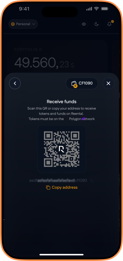 Reental app, receive funds QR on Polygon network